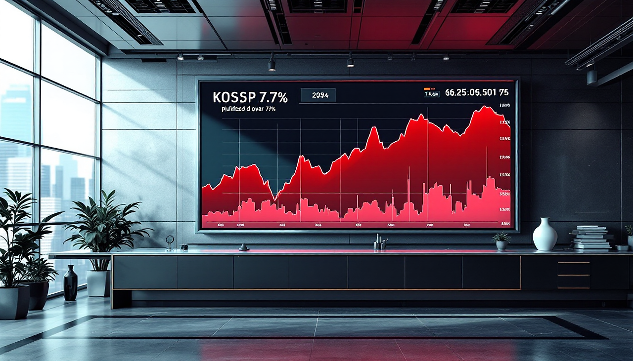 코스피 지수가 7% 이상 급락하고 원 달러 환율이 급등하는 금융 차트와 디지털 스크린