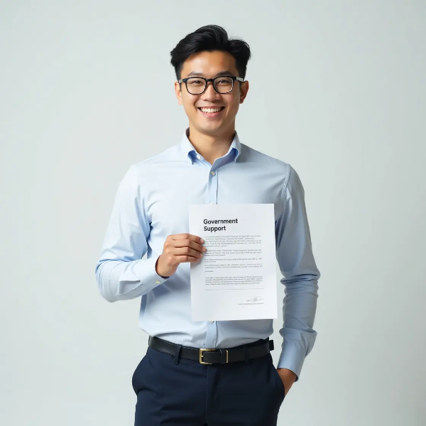 1. 정부 지원 서류를 들고 자신감 있게 미소 짓는 한국인 청년 남성, 스튜디오 배경의 실사 사진