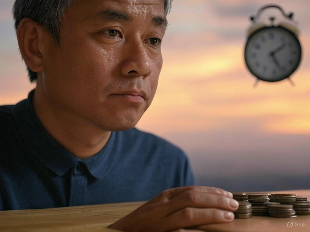 초보자 재테크 필요성을 강조하는 블로그 이미지, 노후(시계)와 경제 불확실성(구름)을 상징하는 그래픽, 소액 투자(동전)로 시작하는 따뜻한 배경