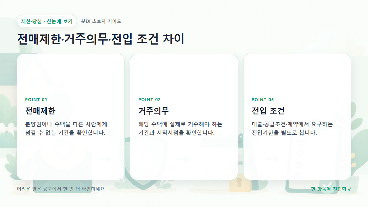 전매제한·거주의무·전입 조건 차이 핵심을 세 칸으로 정리한 한눈에 보기
