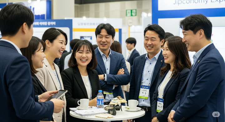 집코노미 박람회 현장에서 밝게 웃는 참가자들이 서로 의견을 나누며 다음 박람회에서 다시 만날 것을 기약하는 모습