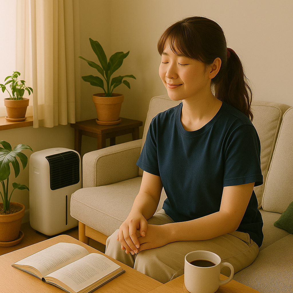 거실 소파에 앉아 제습기 앞에서 미소를 지으며 여유를 즐기는 여성
