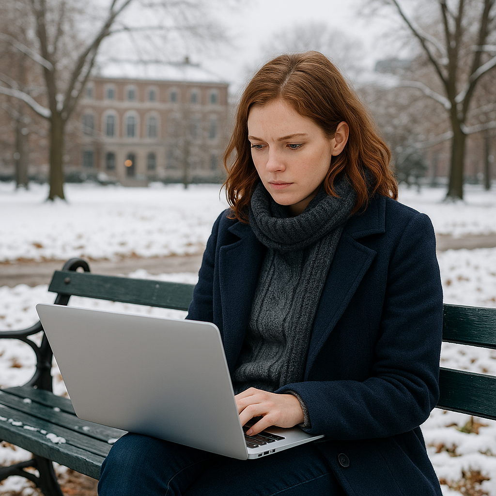 "뉴욕의 겨울 공원 벤치에 앉은 젊은 여성. 그녀는 노트북을 무릎에 올려놓고 진지한 표정으로 글을 쓰고 있으며, 뒤편으로 흐릿하게 보이는 캠퍼스 건물과 눈 덮인 나무들이 조화를 이루고 있다."