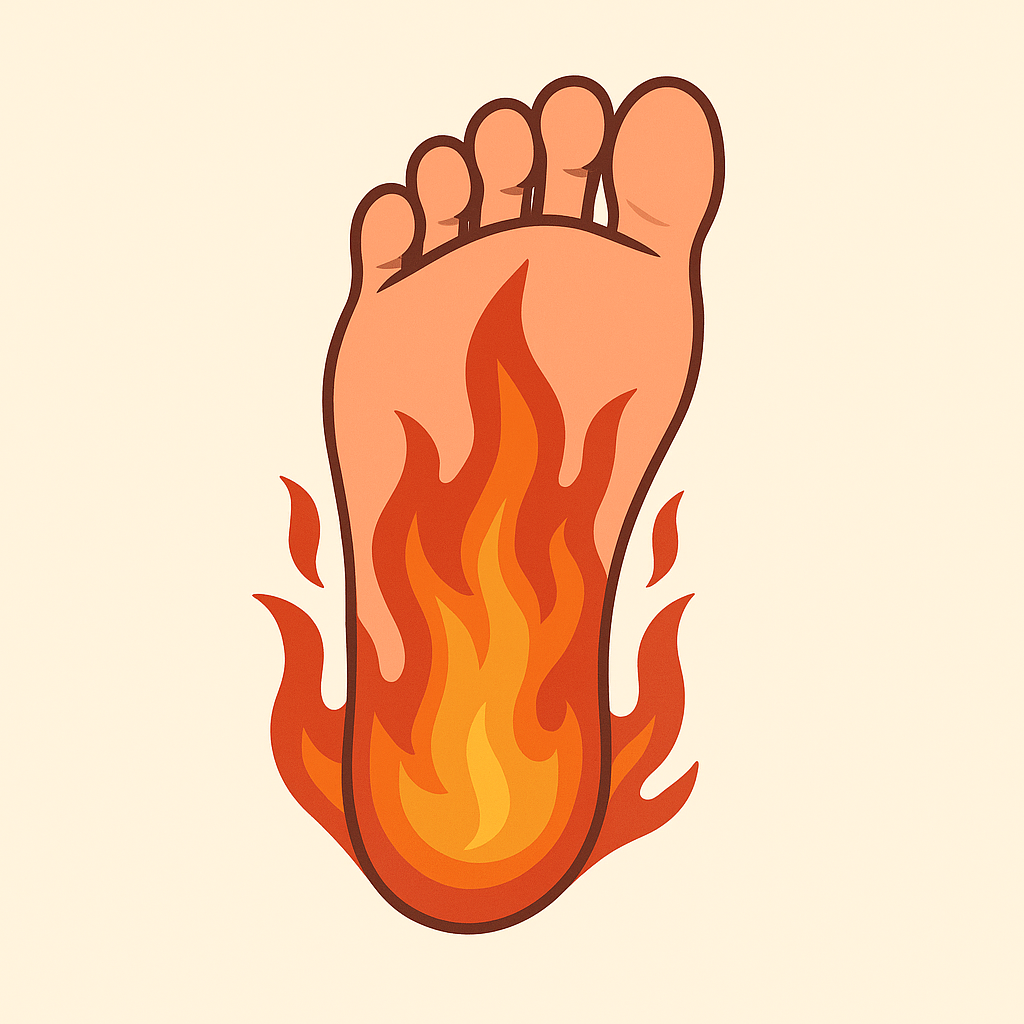 뜨거운 발바닥을 묘사한 일러스트. 발바닥에 불이 붙어있다.