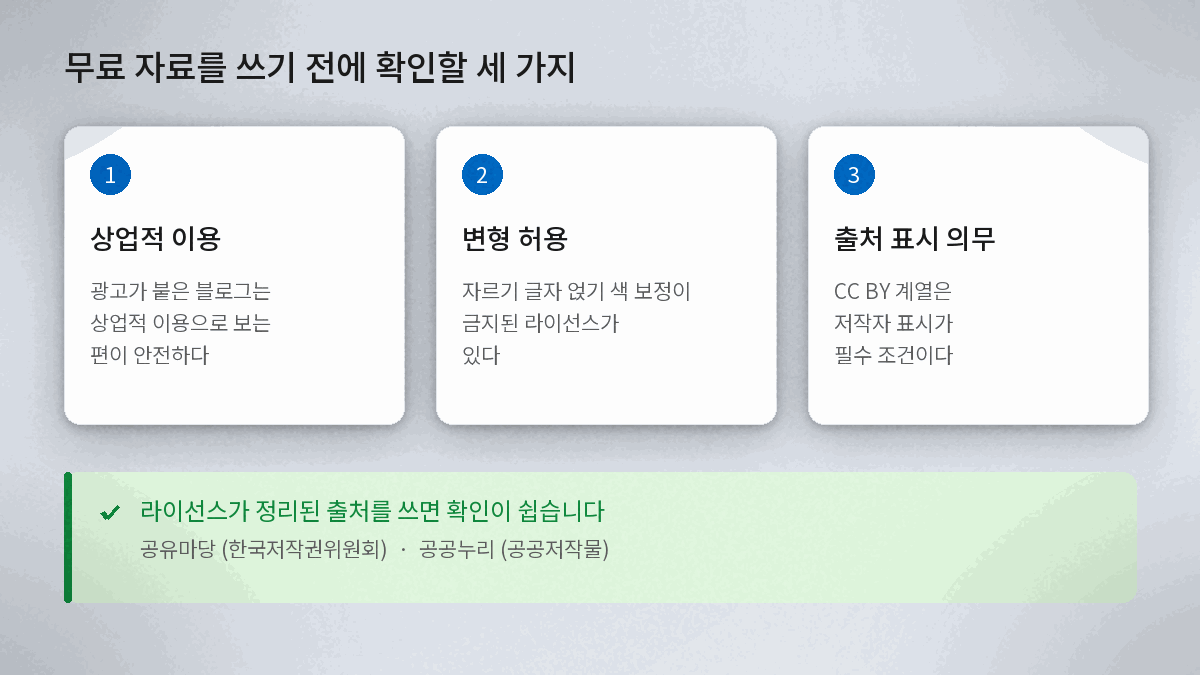 무료 이미지와 폰트 라이선스 확인 세 가지 항목