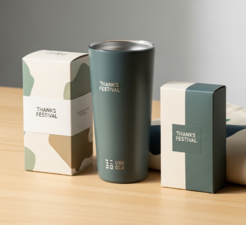 유니클로 사은품 텀블러가 포장되어 나열 되어잇는 모습
