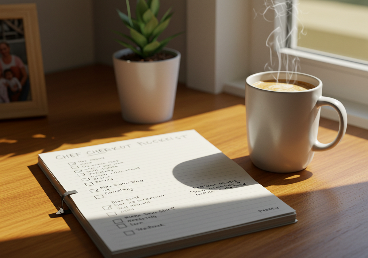 공감 대화 실천을 위한 팁이 적힌 체크리스트와 아늑한 책상 환경