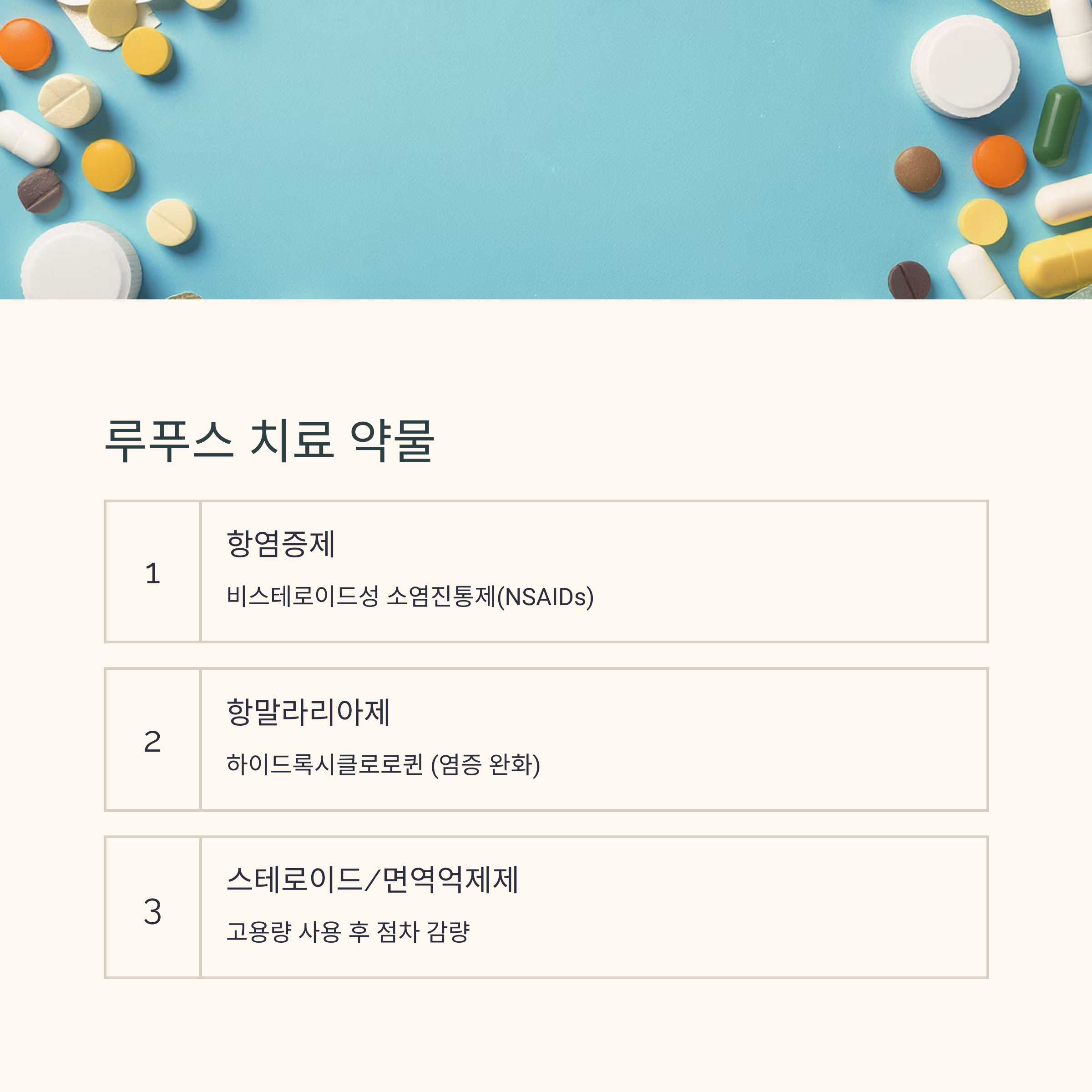 루푸스 치료에 사용되는 항염증제, 항말라리아제, 스테로이드 및 면역억제제를 정리한 인포그래픽