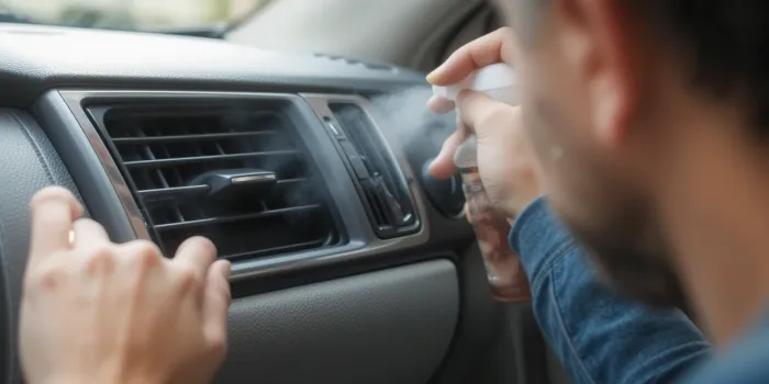 차량 내부 송풍구에 탈취제를 뿌리는 모습