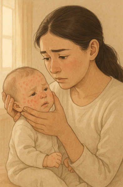 신생아의 얼굴 피부를 살피는 엄마의 손, 붉은 발진이 있는 아기 얼굴