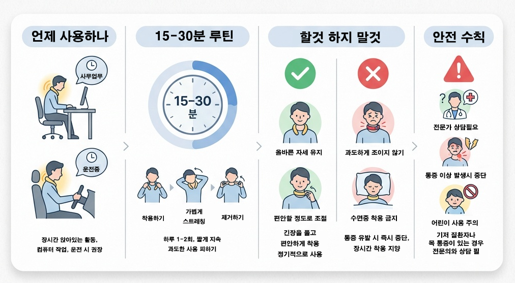 자석 목 보호대 사용법 요약, 착용 루틴/주의사항