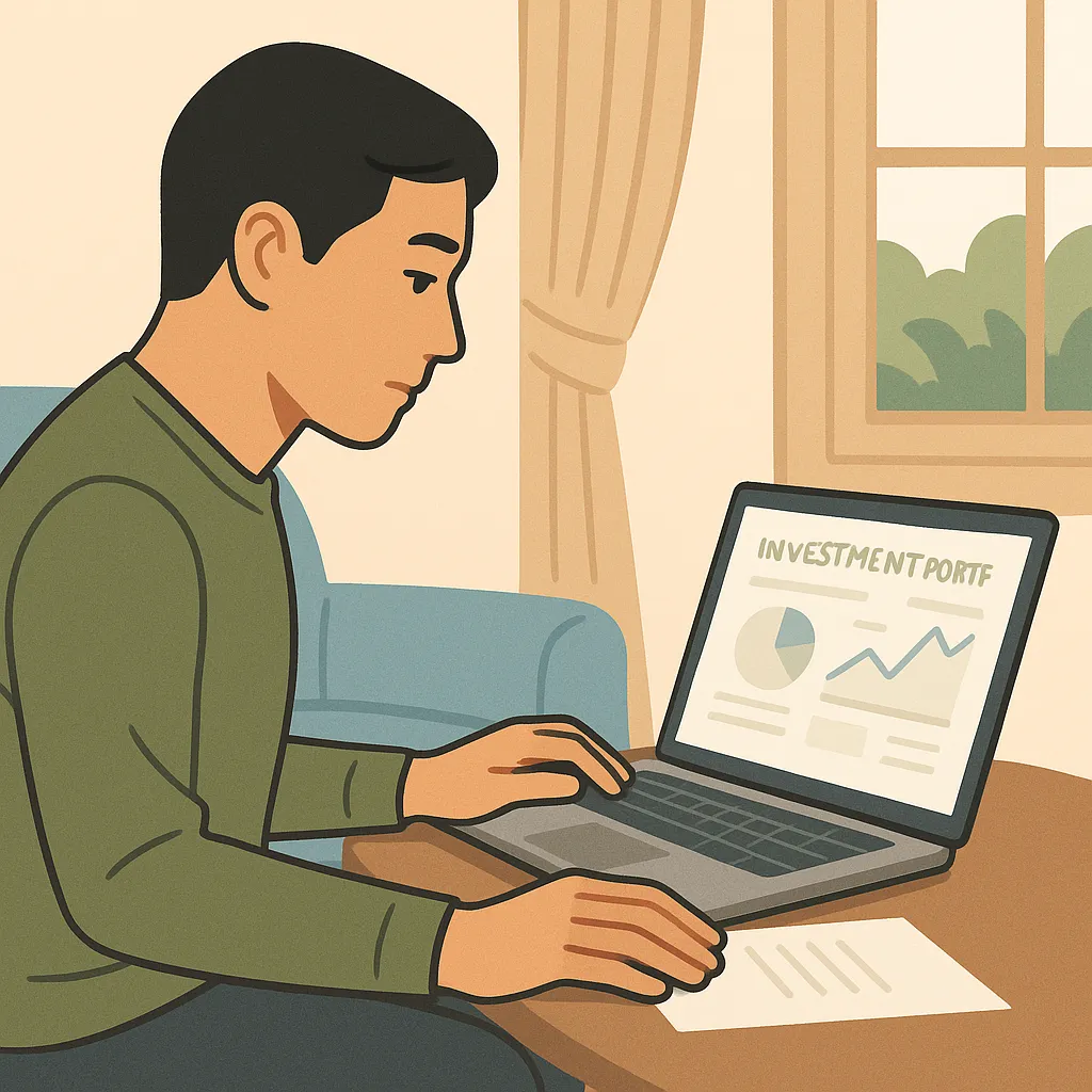 거실에서 포트폴리오를 검토하는 남성