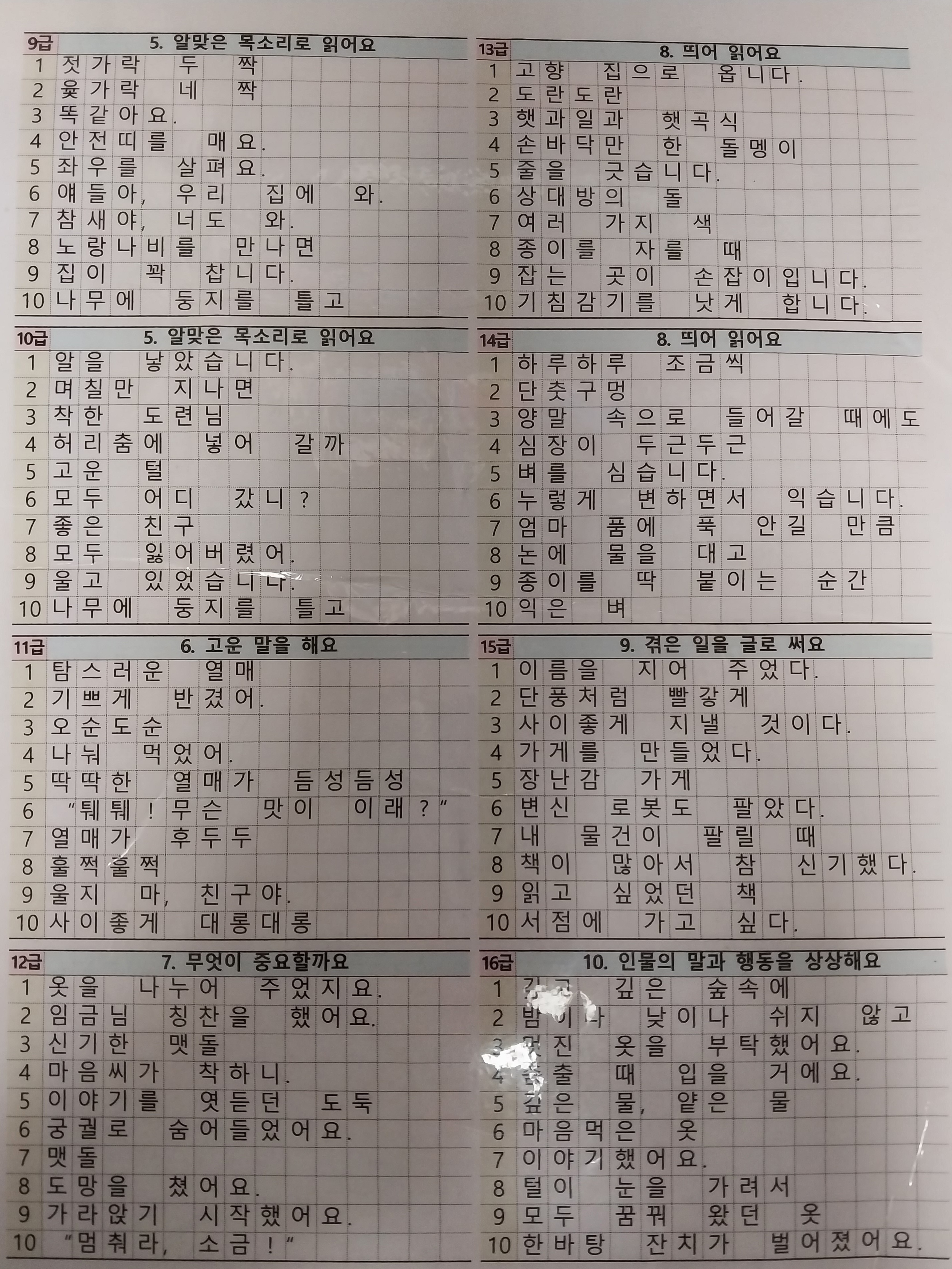 1학년 국어 급수표