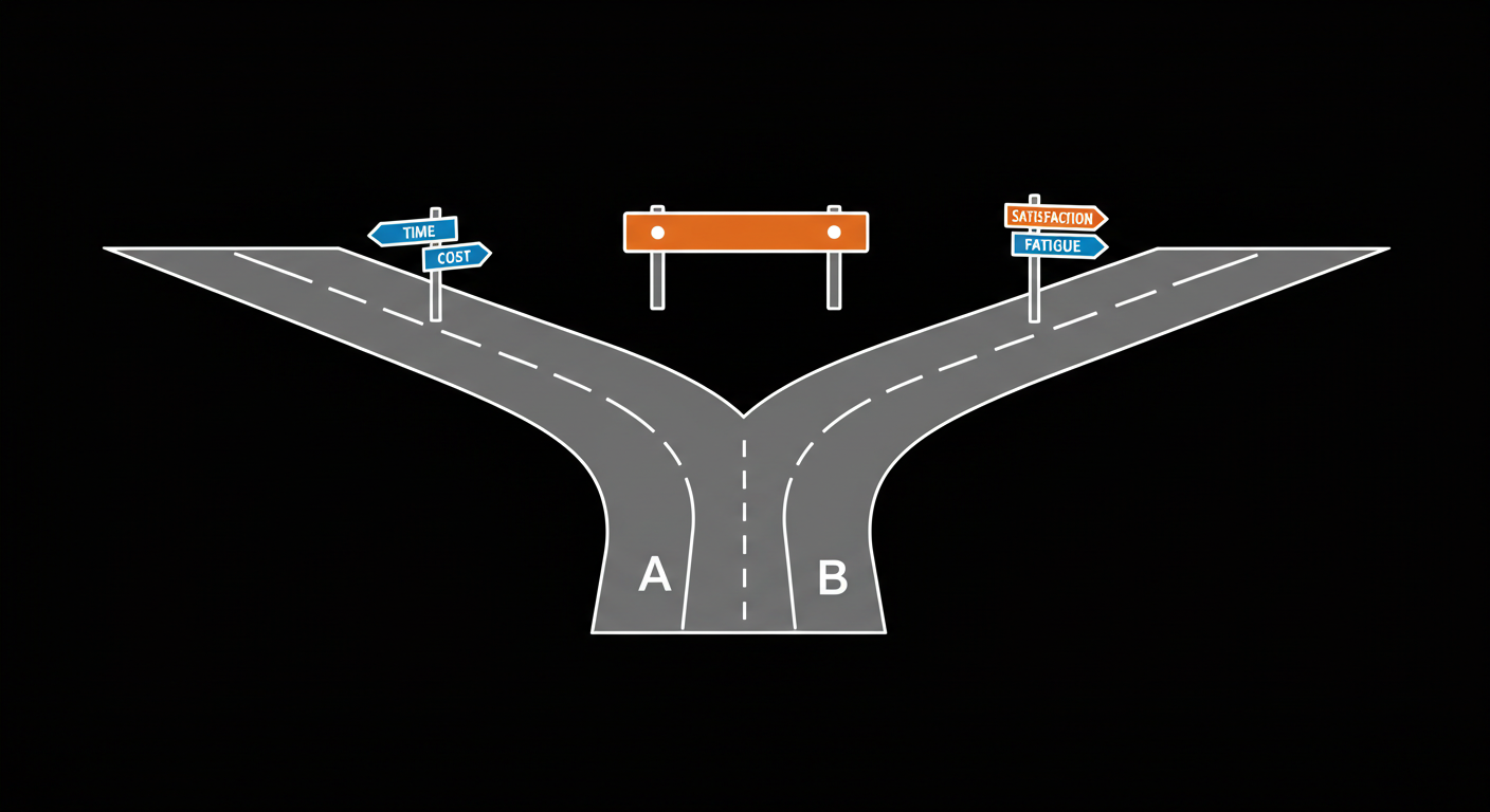 두 갈래 길이 서로 다른 표지판(시간/비용/만족/피로)을 향하는 심벌릭 이미지