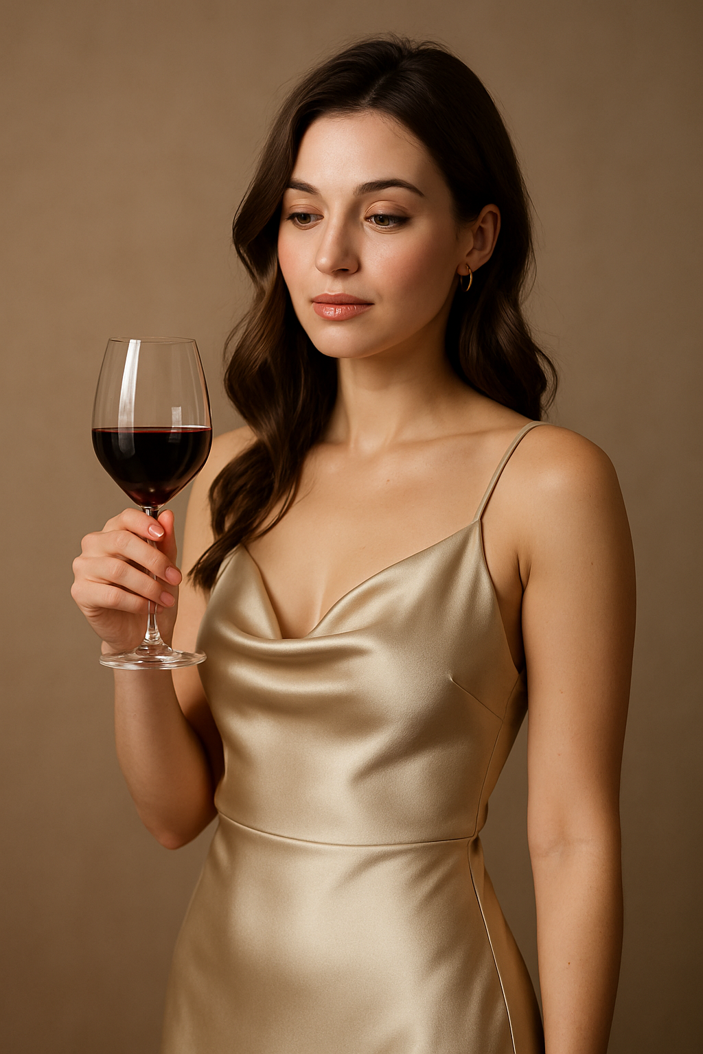 와인잔을 들고 새틴드레스를 입은 여인