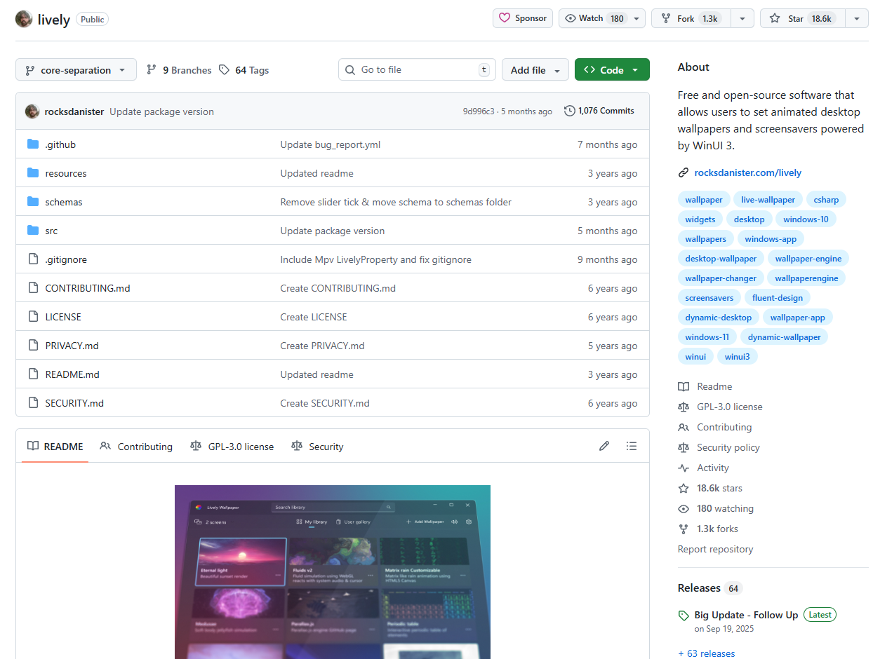 Lively Wallpaper 깃허브 페이지 전체 화면
