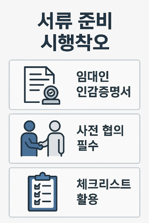 전세자금대출 후기에서 강조되는 서류 준비 사항을 정리한 인포그래픽으로 임대인 인감증명서, 사전 협의 필요성, 체크리스트 활용 방법을 담고 있습니다.