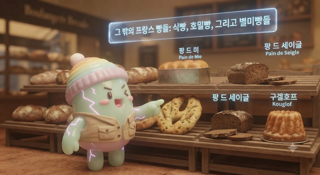 쫀쿠가 이전보다 훨씬 크고 다양한 종류의 빵들이 쌓여 있는 진열대 앞에 서 있습니다. 사각형의 부드러운 식빵 '팡 드 미', 거무스름하고 투박한 호밀빵 '팡 드 세이글', 그리고 올리브가 콕콕 박힌 나뭇잎 모양의 납작빵 '푸가스'가 보입니다. 쫀쿠가 푸가스 조각을 집어 들며, 이 빵은 프로방스의 햇살을 닮았다고 이야기하고 있습니다.