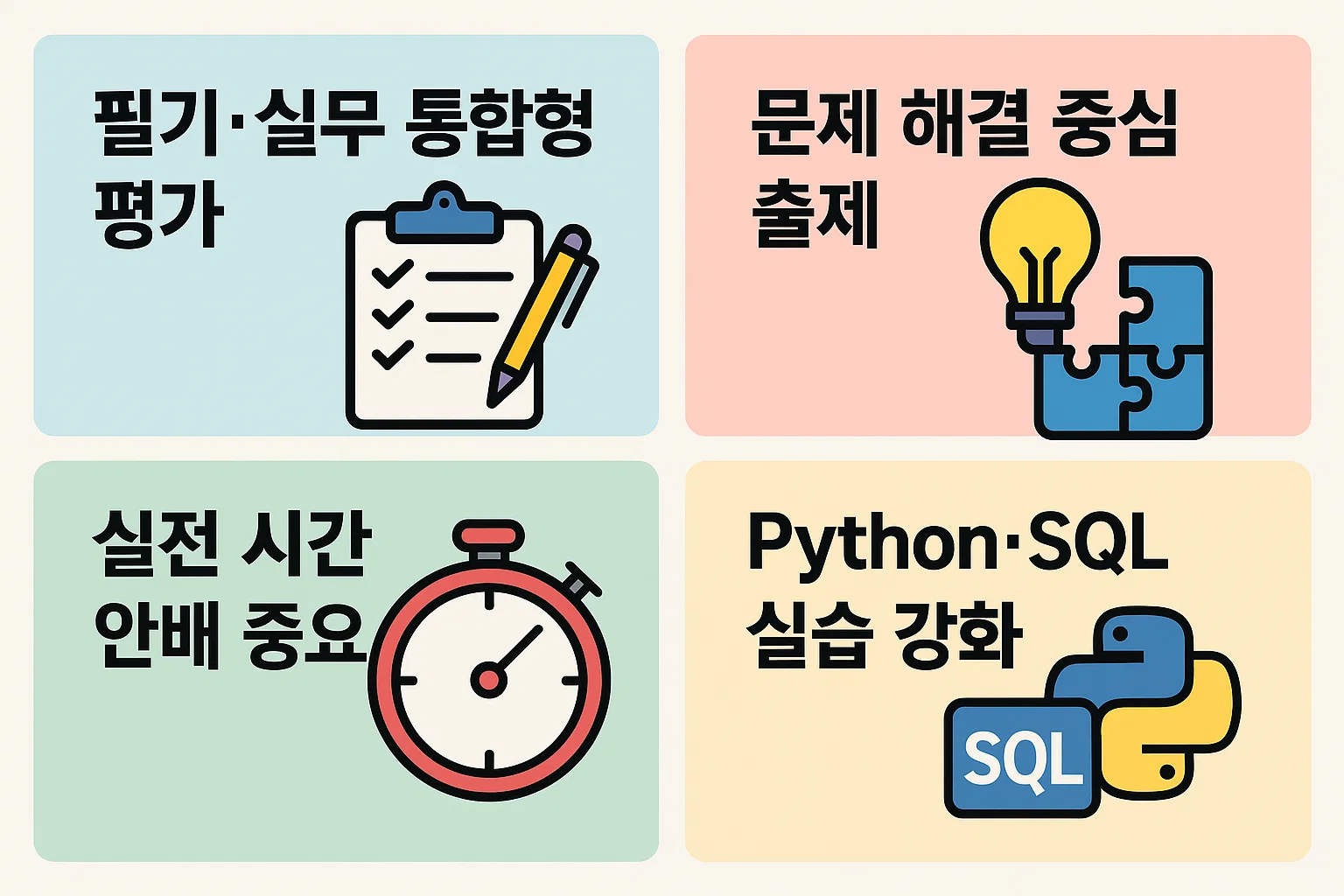 필기와 실무 통합형 평가, 문제 해결 중심 출제, Python&middot;SQL 실습 강화 등 최신 시험 경향 인포그래픽