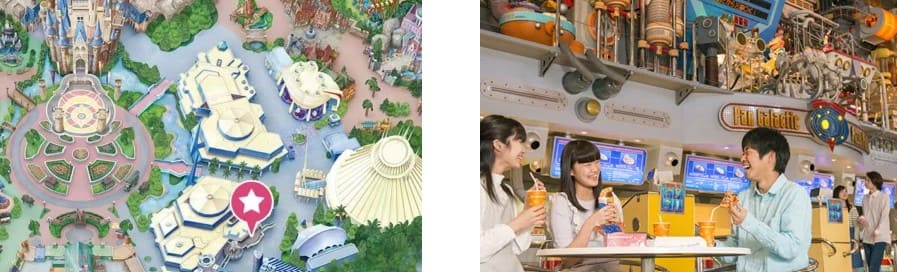 지도에 별표로 위치가 나와있는 그림과 실내에서 사람들이 앉아서 음식을 먹고 있는 사진