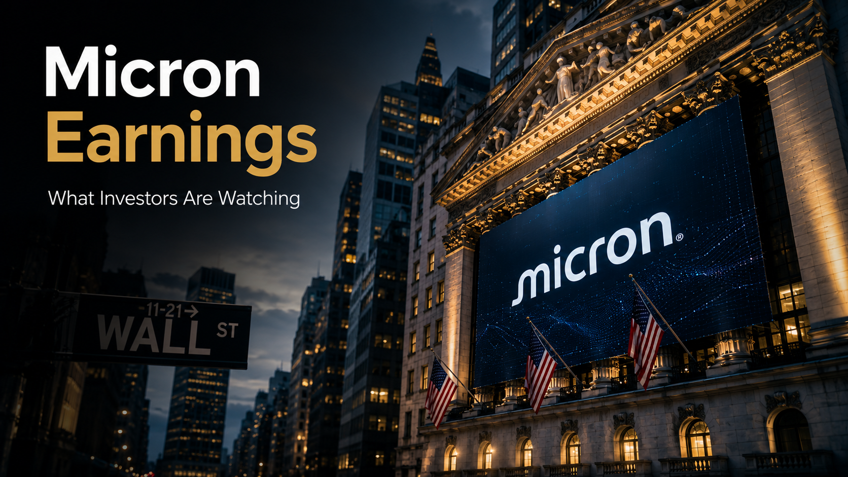 *Cinematic financial illustration of Micron earnings announcement with Wall Street and AI market focus.*