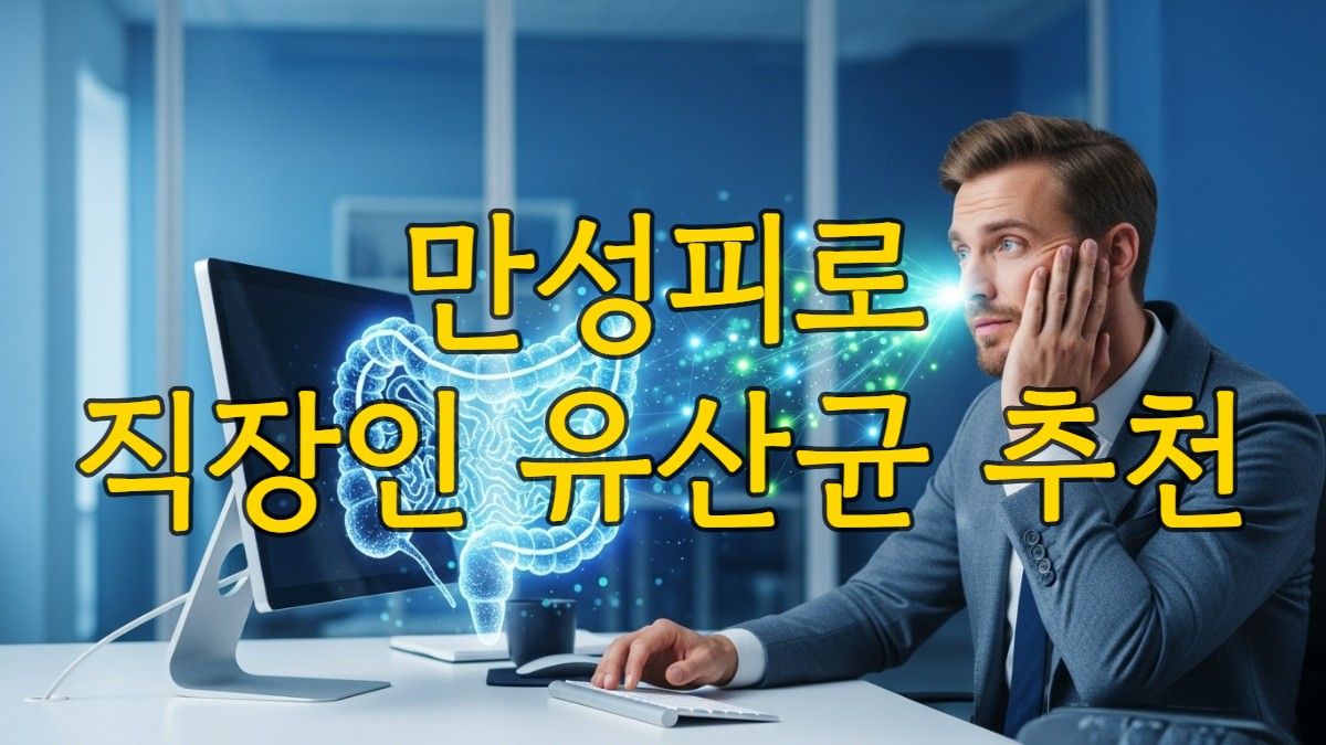 피곤해 보이는 직장인이 책상에 앉아있고, 그의 앞에 활기 넘치는 장 건강 미생물군이 빛나며 에너지를 주는 모습. 장 건강과 직장인 활력 증진의 연관성을 시각화.