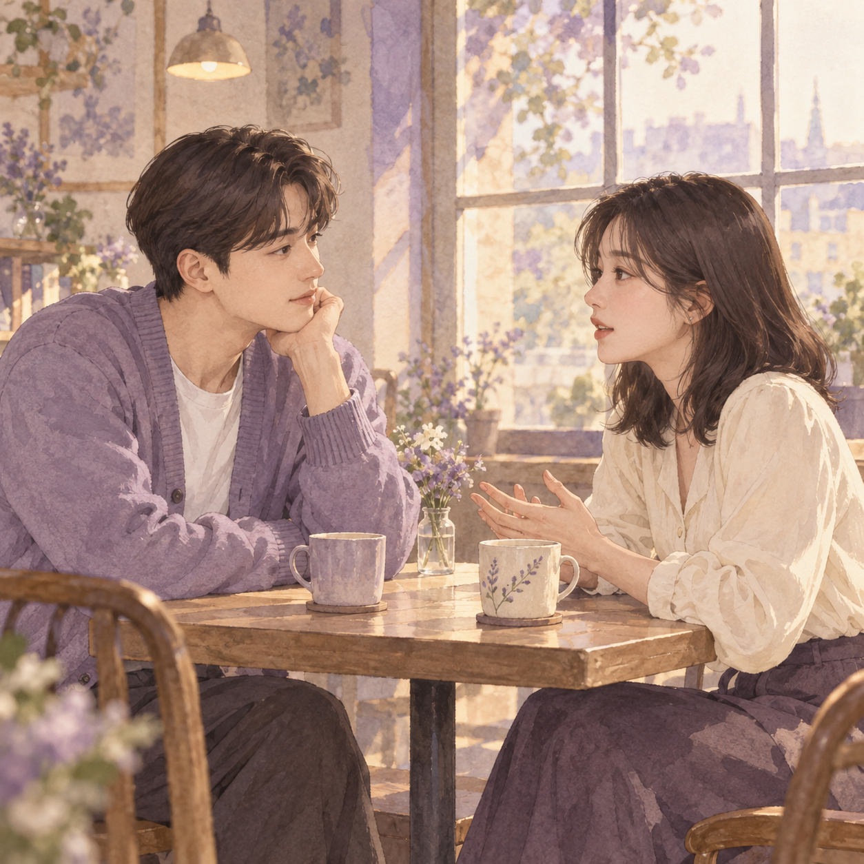 카페에서 서로의 마음을 차분히 이야기하고 경청하는 지우와 태오