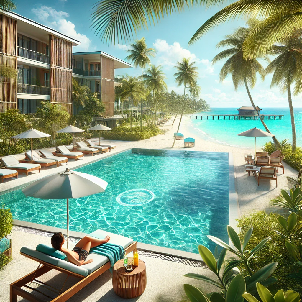 세부의 아름다운 해변과 리조트 전경, 수영장에서 여유롭게 시간을 보내는 여행자의 모습