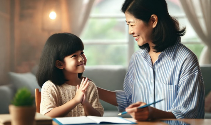 부모의 따뜻한 격려 속에서 자신감을 얻는 아이