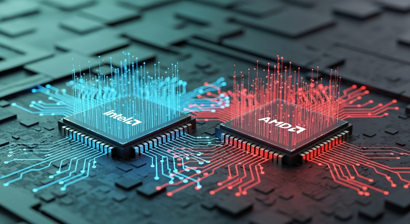 푸른색과 붉은색 빛이 감도는 인텔과 AMD CPU 칩이 나란히 놓인 모습으로, 복잡한 회로 기판 위에 얹혀져 있습니다.