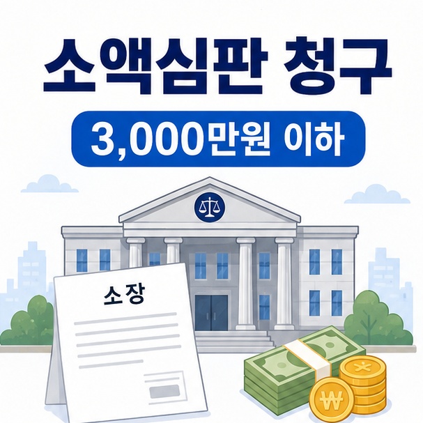 법원과 소장을 이용해 3천만원 이하 금전청구 등에 활용하는 소액심판 청구 제도를 설명한 이미지
