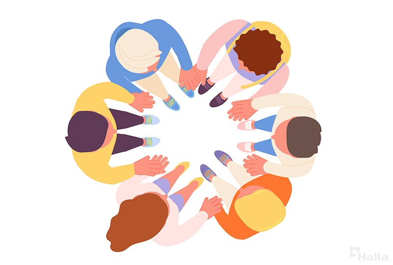 다양한 인종이 손을 맞잡고 원형으로 서 있는 모습의 그림