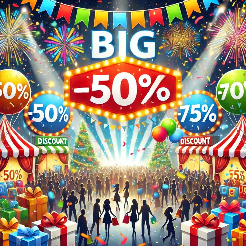 A festive digital illustration of a big discount event, 할인 축제