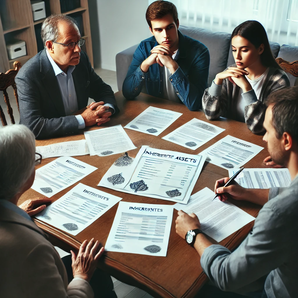 "상속에 대한 가족 간의 논의": 가족들이 테이블에 앉아 상속 재산에 대해 논의하는 모습. 진지한 표정.