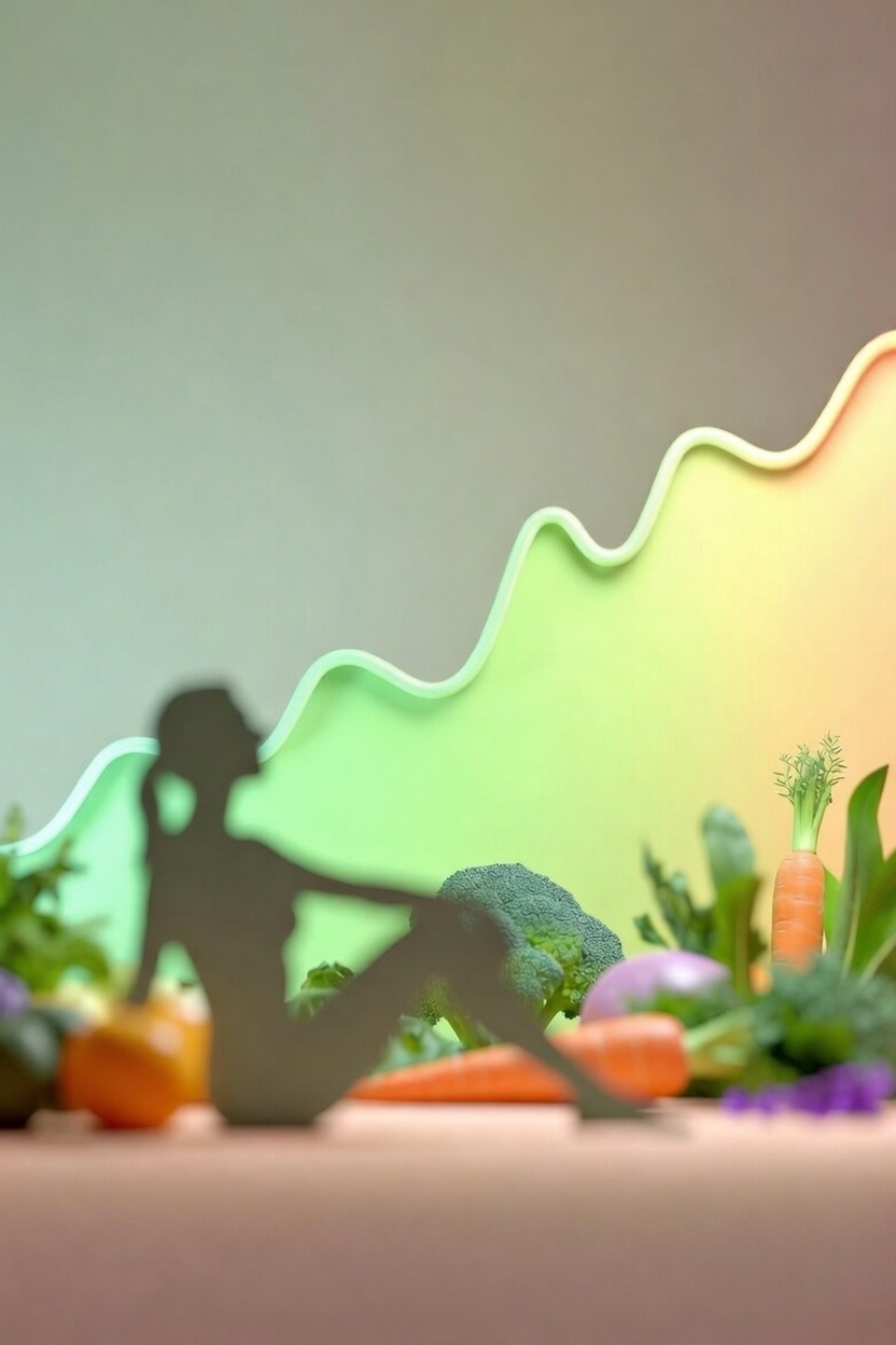 부드러운 곡선의 혈당 그래프 배경 위에 신선한 채소와 함께 편안하게 휴식하고 있는 여성의 뒷모습