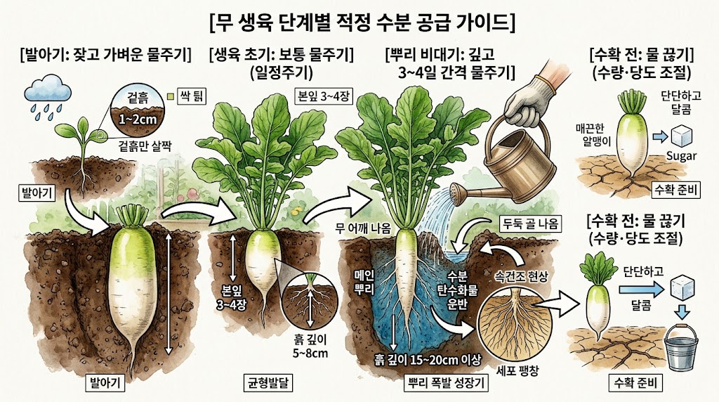 발아기, 생육 초기, 뿌리 비대기, 수확 전 단계별 물주는 주기와 양을 정리한 시각 인포그래픽