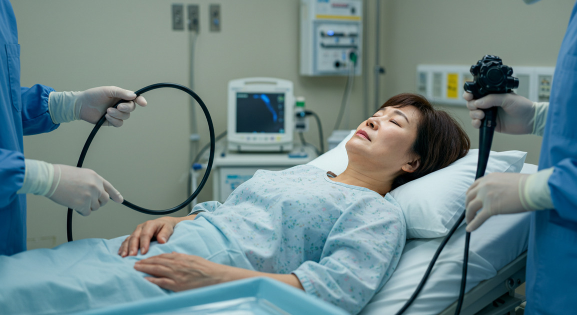 대장내시경 받으려는 중년 어머니 이미지