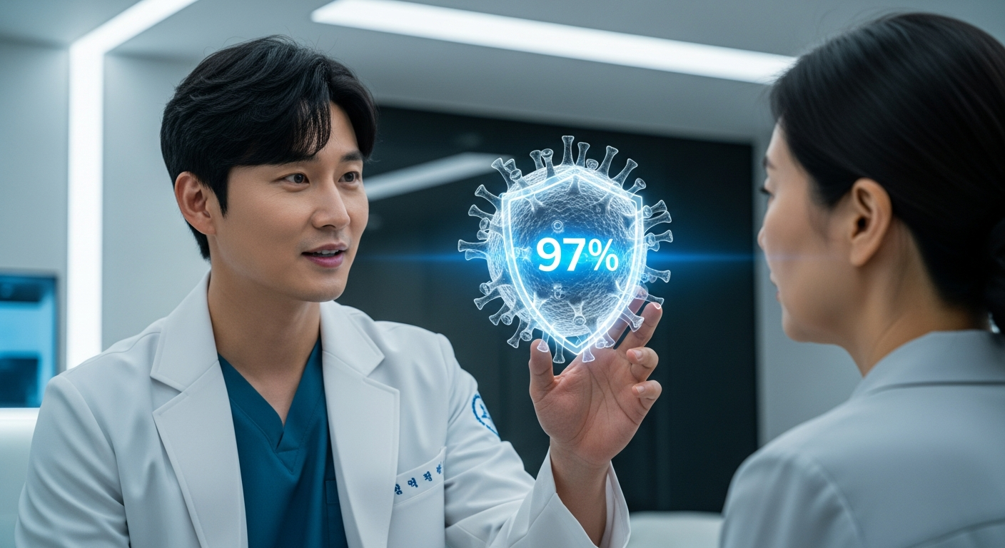 싱그릭스 사백신과 기존 생백신의 예방률 97% 비교 데이터 차트