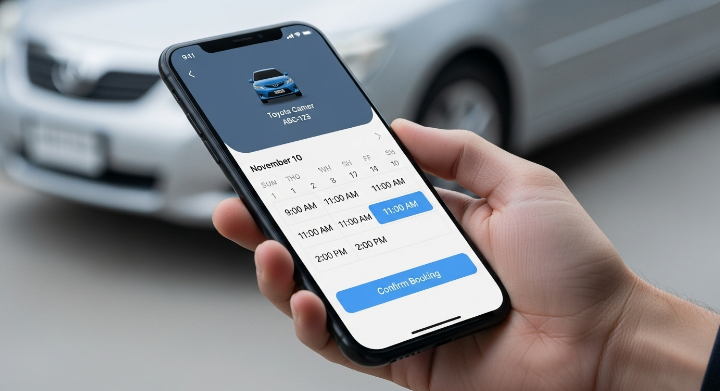 차량 정비 예약 및 관리가 가능한 모바일 앱 화면을 보고 있는 사용자 손