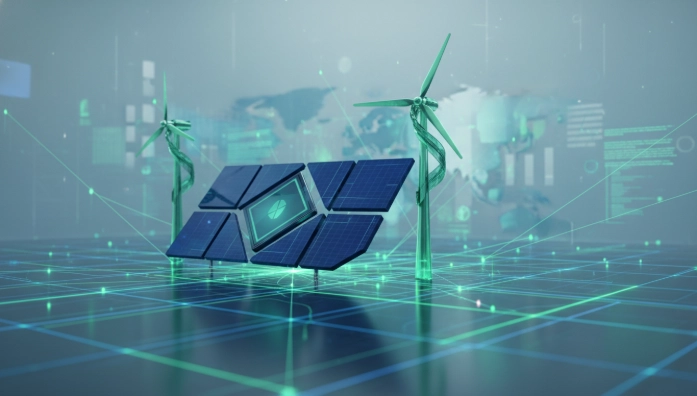 태양광 패널과 풍력 터빈 등 재생에너지가 안정적으로 에너지를 공급하는 모습, 에너지 안보의 중요성을 강조합니다.