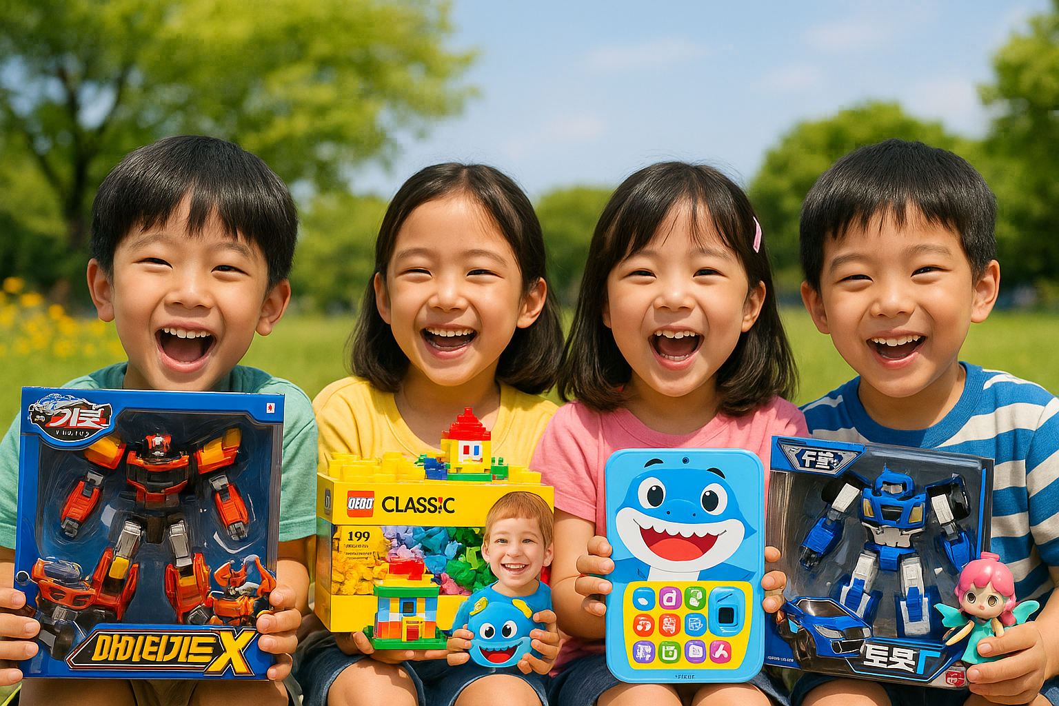 헬로카봇, 또봇, 레고 블록, 핑크퐁 아기상어, 티니핑 피규어를 들고 즐겁게 웃는 아이들 모습