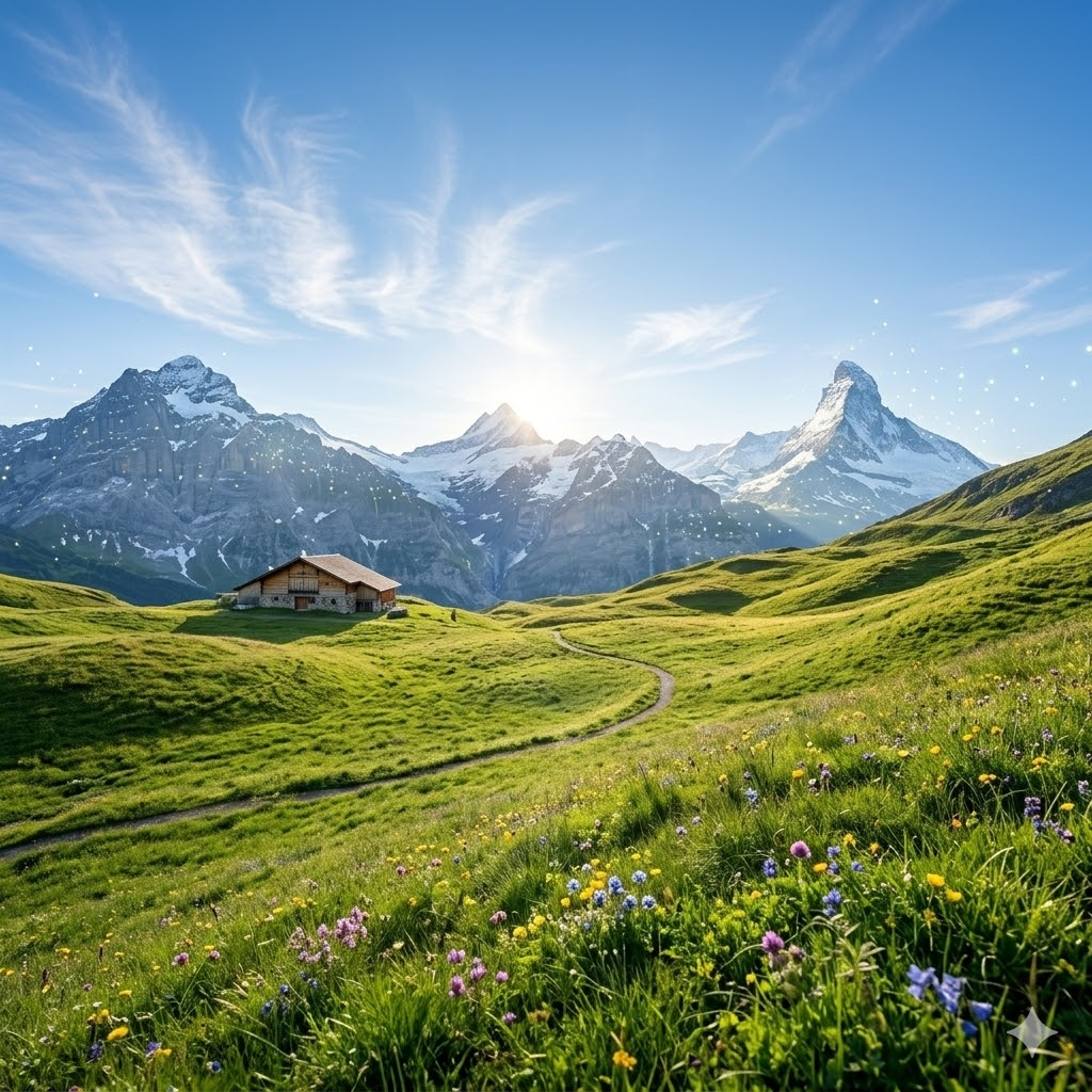 A breathtaking photography of a wide, lush green Swiss alpine meadow under a clear blue sky.