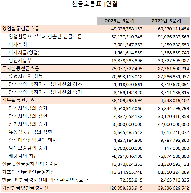 이녹스첨단소재 - 현금흐름표