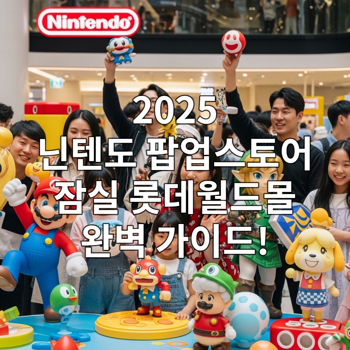 2025년 잠실 롯데월드몰 닌텐도 팝업스토어의 활기찬 전경. 마리오, 젤다, 동물의 숲 캐릭터 굿즈와 체험존에서 즐거워하는 방문객들.