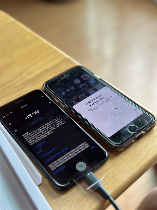 아이폰 SE3와 아이폰 7이 나란히 놓여 있으며, 아이폰 SE3 화면에는 이용 약관 동의 화면이, 아이폰 7 화면에는 &lsquo;새로운 iPhone에서 설정 완료하기&rsquo; 메시지가 표시된 모습