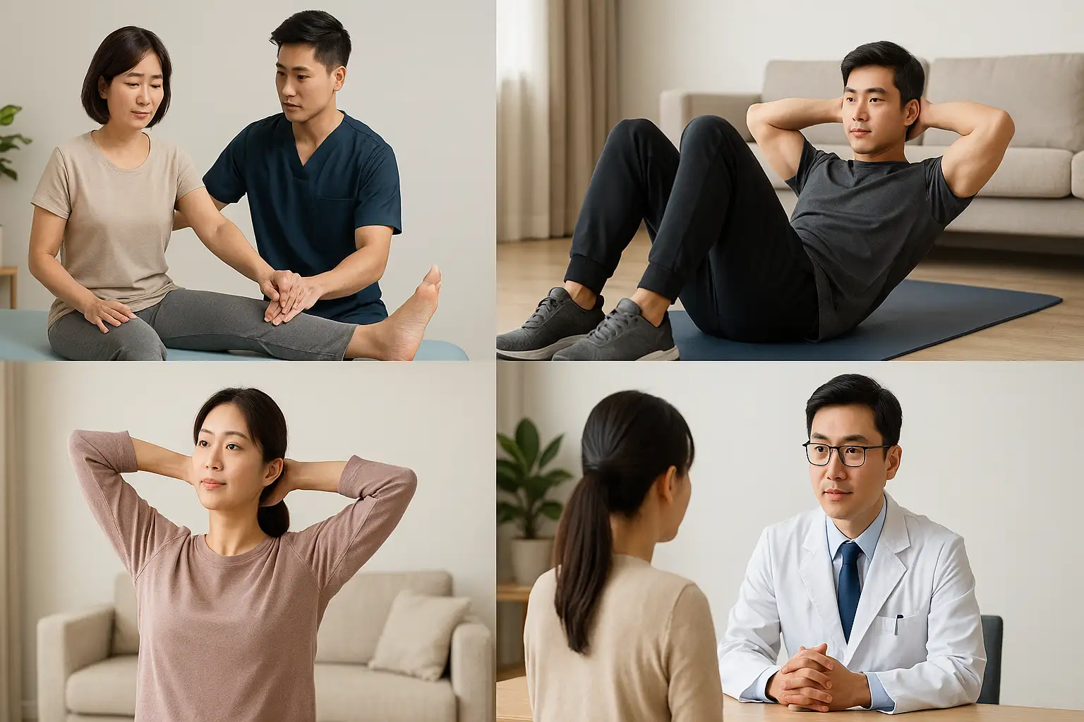 물리치료를 받는 중년 여성, 재활운동 중인 남성, 병원 진료 상담 장면, 일상에서 스트레칭하는 모습