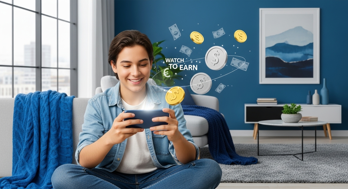 스마트폰으로 틱톡 라이트 영상을 시청하며 포인트를 적립하고 현금화하는 즐거움을 표현한 이미지