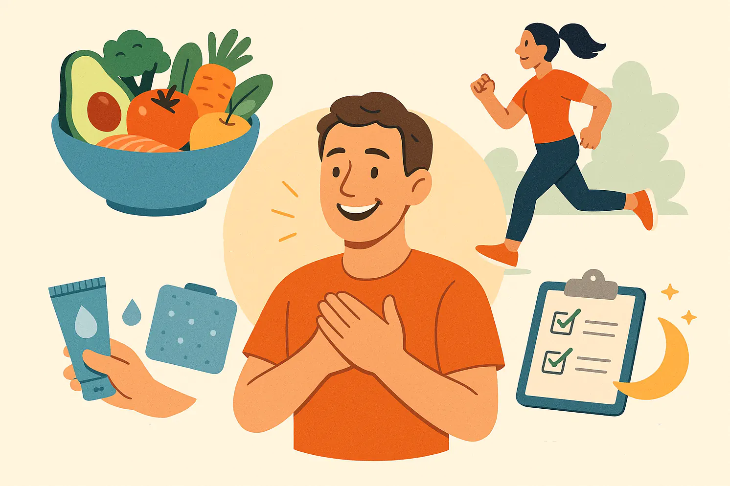 건강한 생활 루틴, 항염 식단, 가벼운 운동, 보습·냉찜질, 명상·수면 위생 체크리스트, 환자가 밝은 표정으로 회복하는 장면