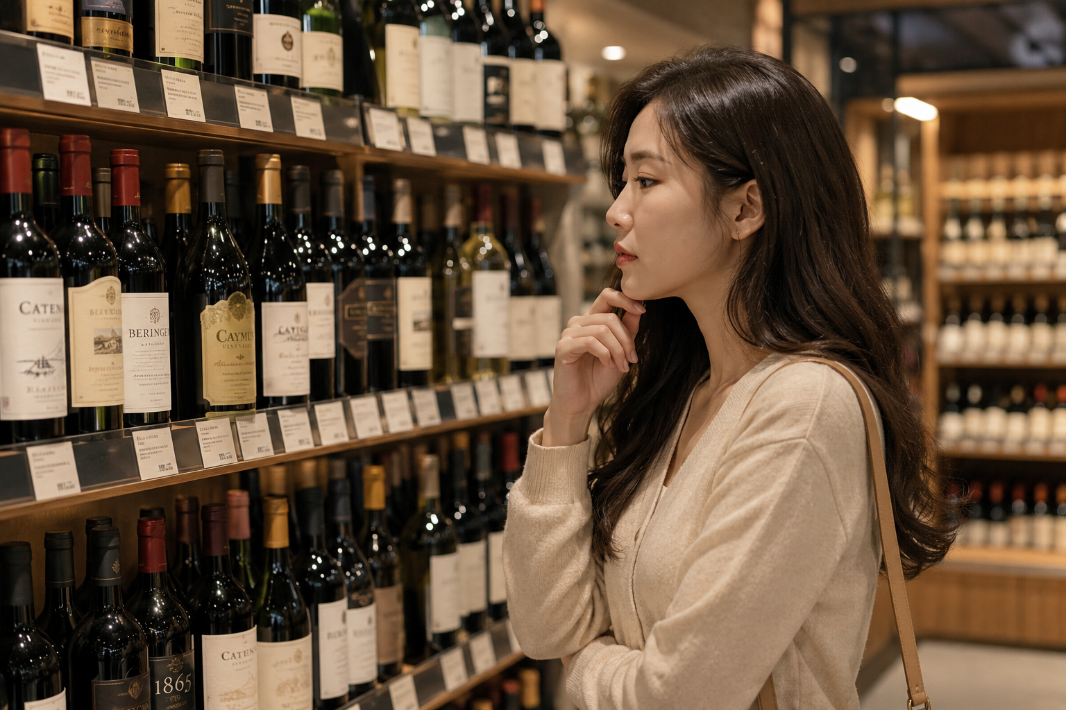 와인을 고르는데 생각이 많은 여성 이미지
