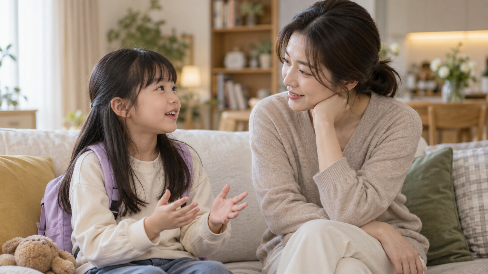 소파에서 초등 자녀의 이야기를 차분히 듣는 보호자